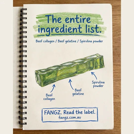 Fangz ad: hand drawn notebook page listing three ingredients