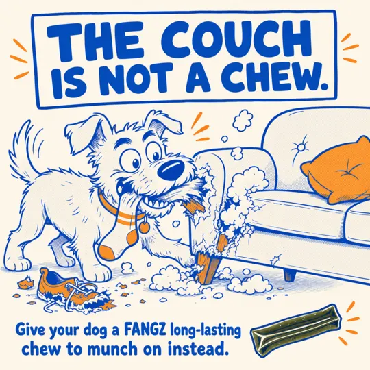 Fangz ad: cartoon illustration of a dog destroying the couch instead of a chew