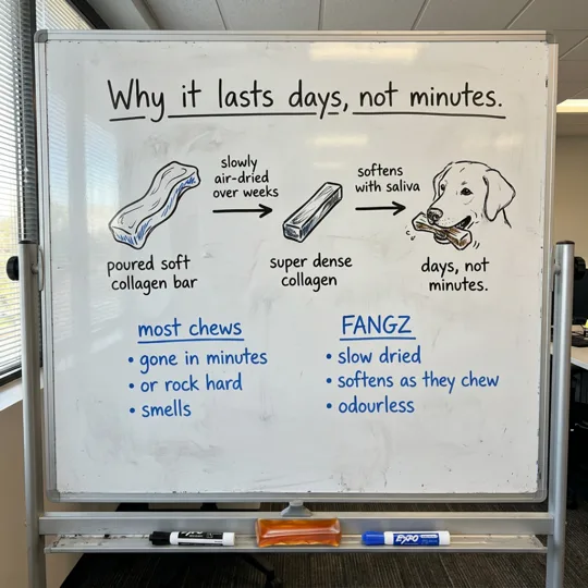 Fangz ad: whiteboard diagram explaining why the chew lasts days not minutes