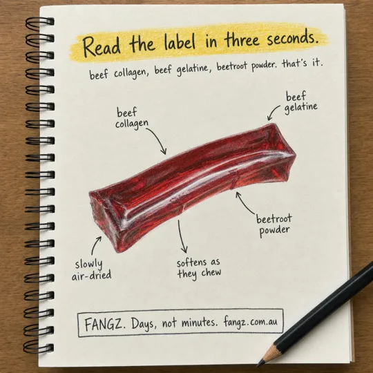 Fangz ad: hand drawn notebook page labelling the three ingredients on the chew